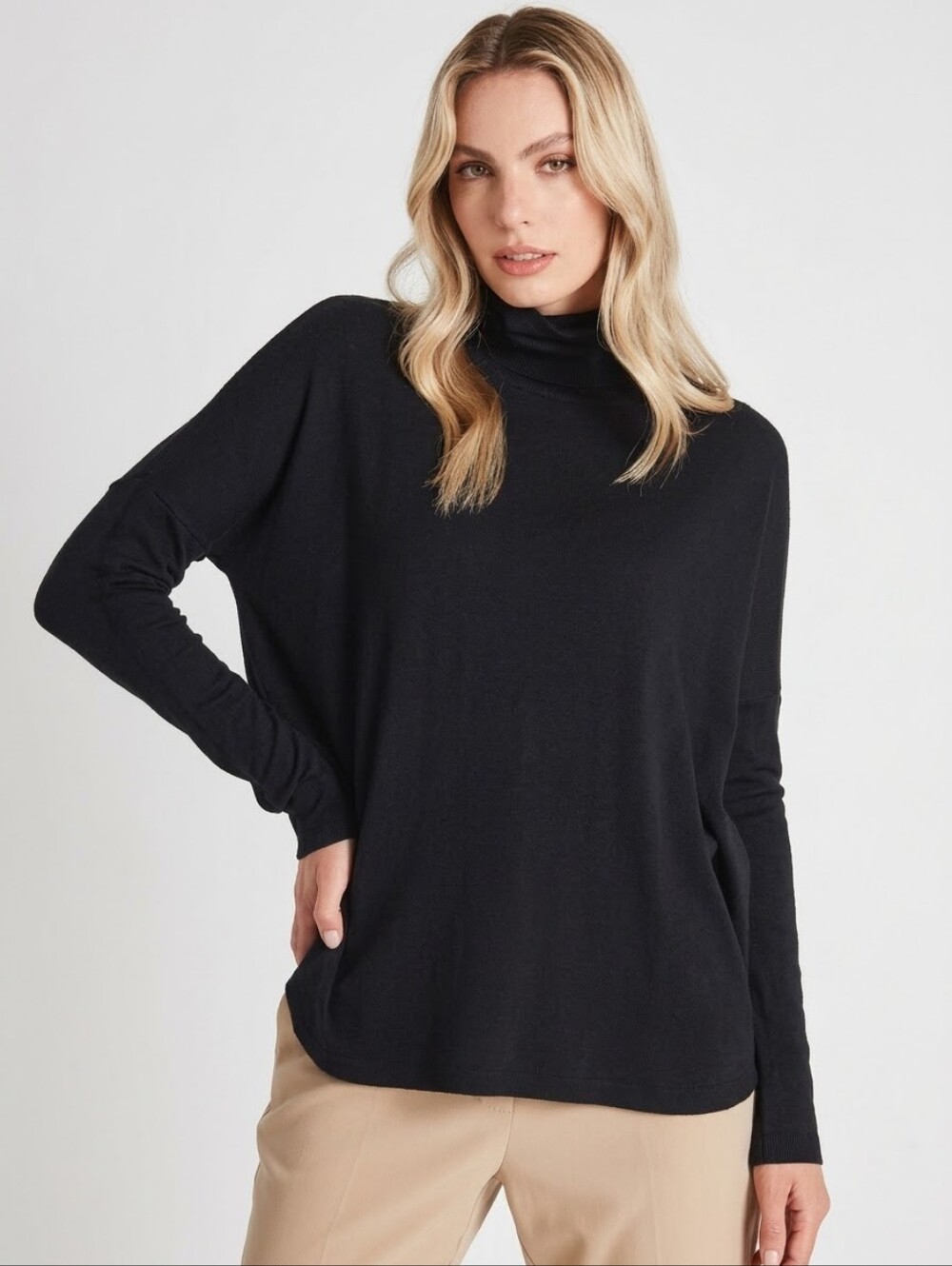 Kit and Ace Black Burrow Brushed Turtleneck Top Sm Drop Shoulder Raw Edge Soft